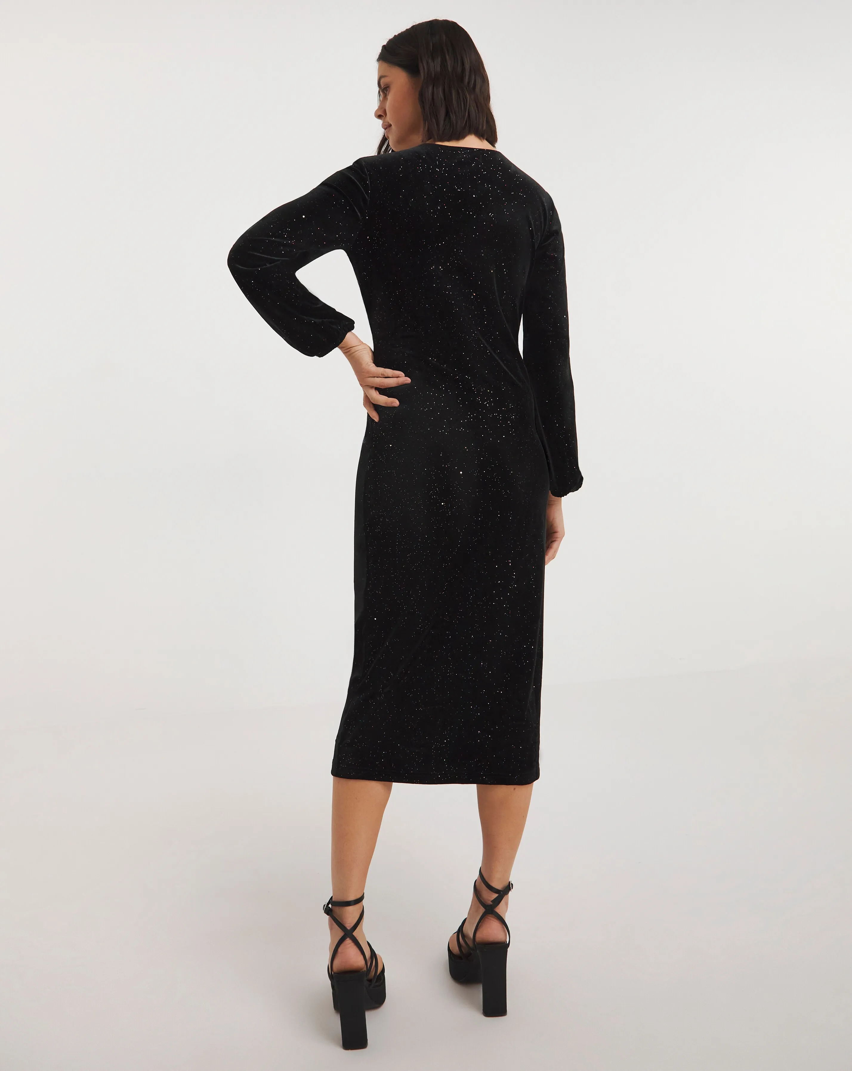 Black Glitter Velour Wrap Midi Dress | Simply Be