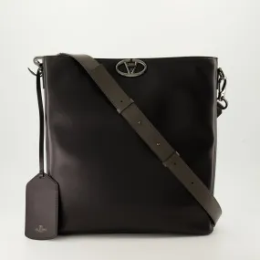 Black Leather Tote with VLogo Detail