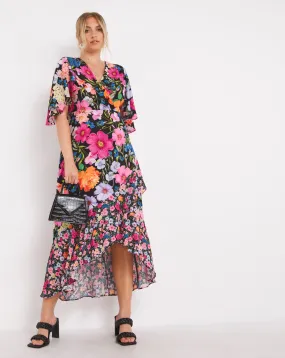 Black Mixed Floral Print Wrap Midi Dress | Simply Be