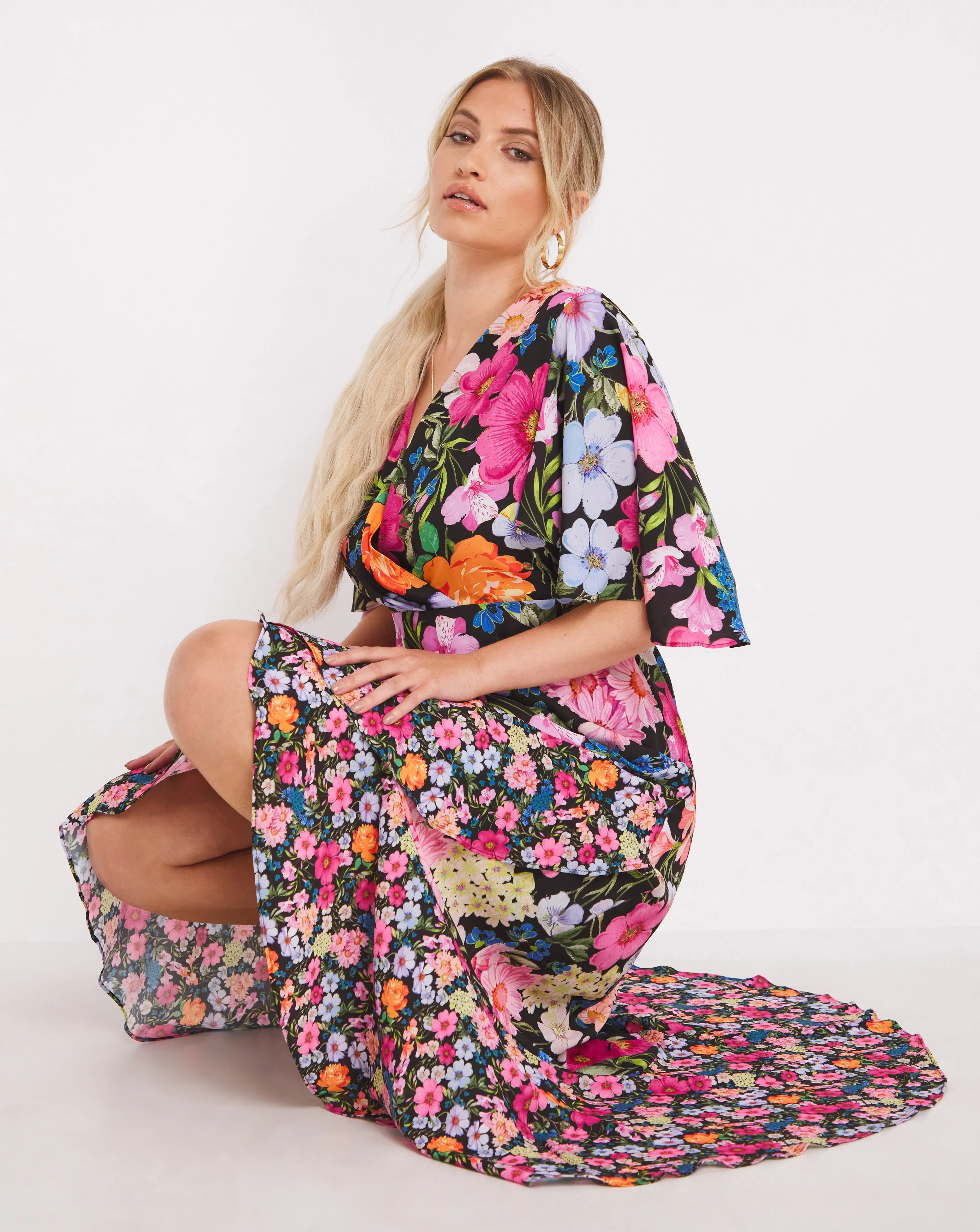 Black Mixed Floral Print Wrap Midi Dress | Simply Be