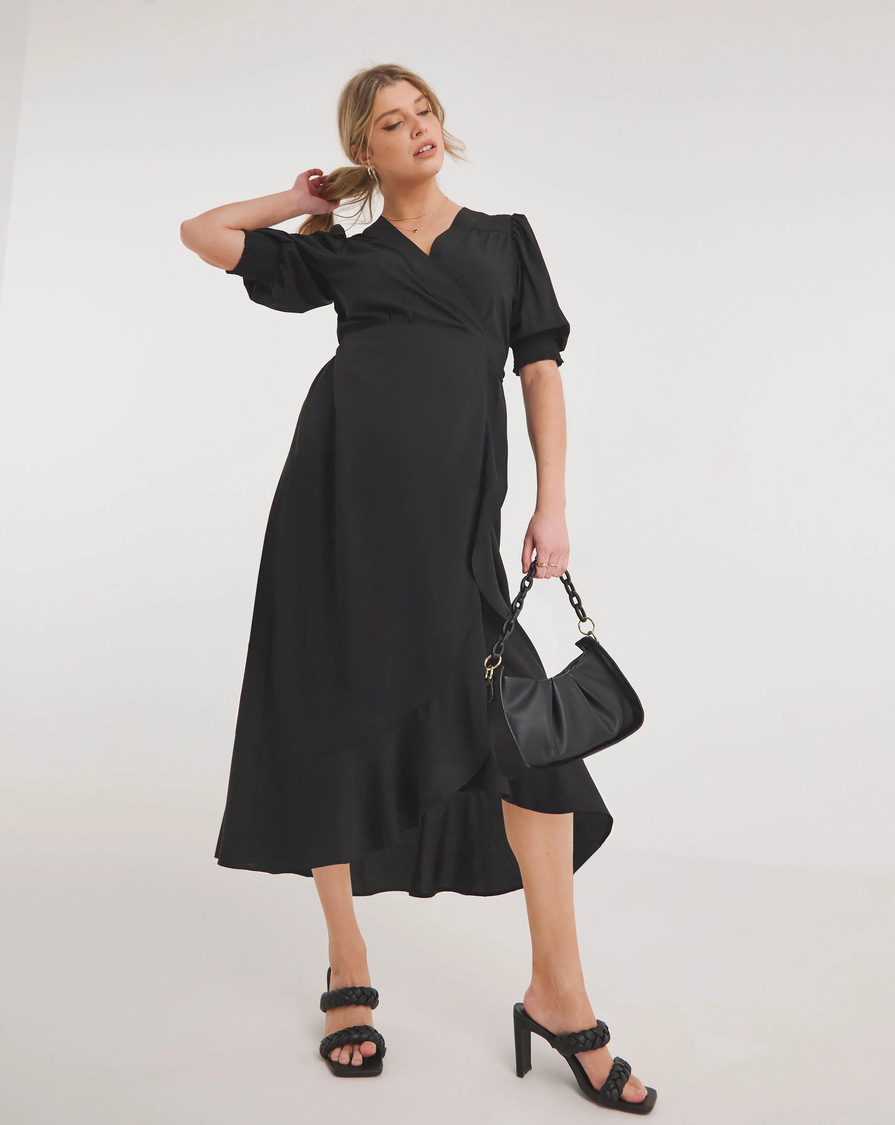 Black Ruffled Front Wrap Midi Dress | Simply Be