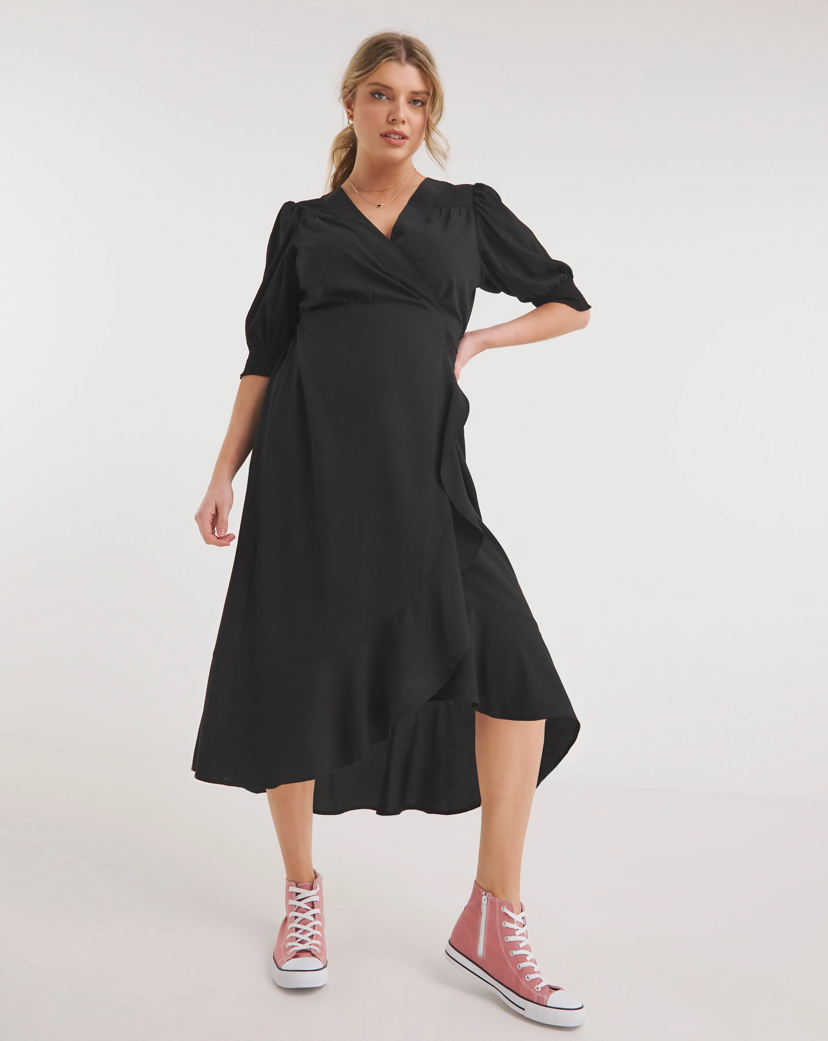 Black Ruffled Front Wrap Midi Dress | Simply Be