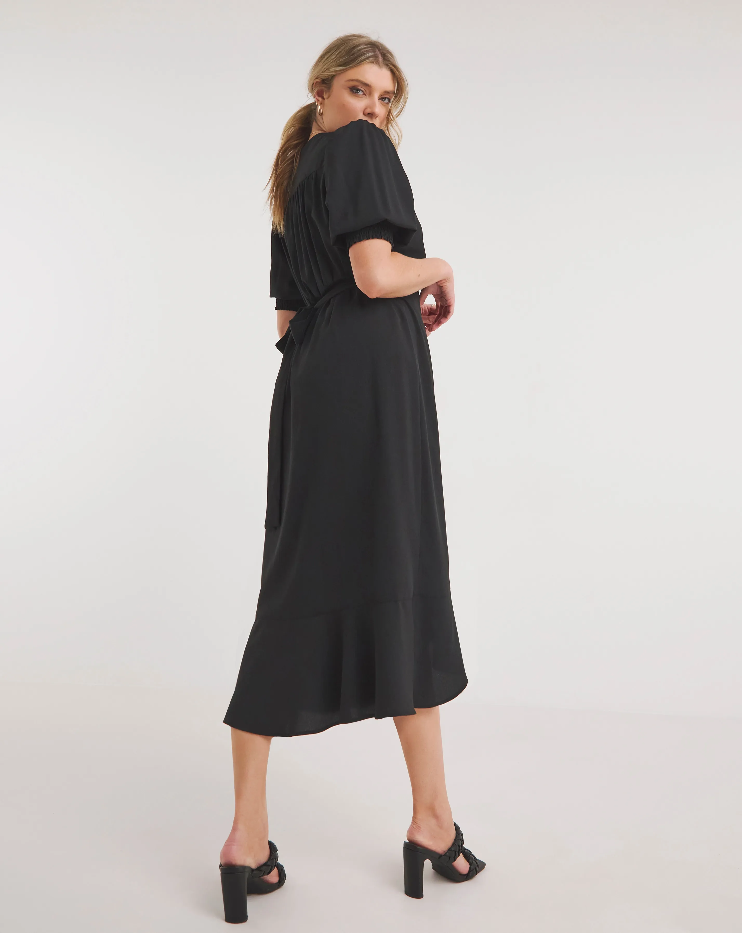 Black Ruffled Front Wrap Midi Dress | Simply Be