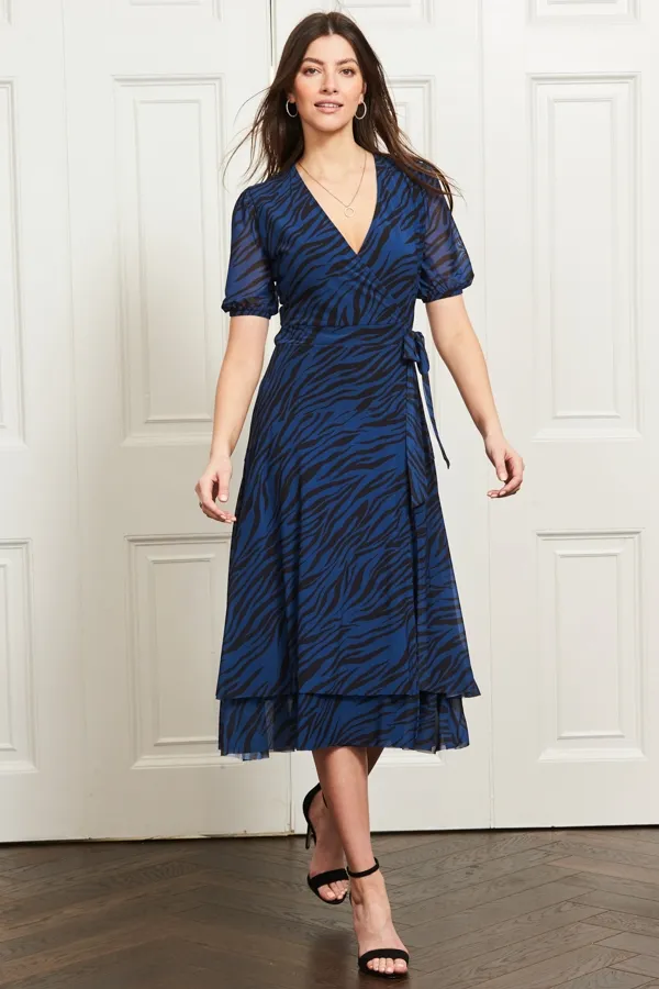 Blue & Black Zebra Print Mesh Wrap Jersey Dress