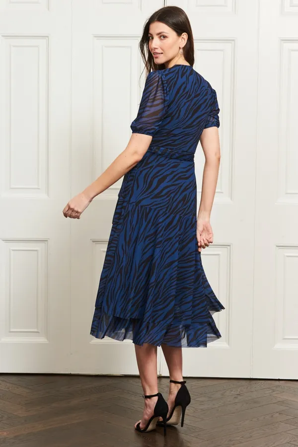 Blue & Black Zebra Print Mesh Wrap Jersey Dress