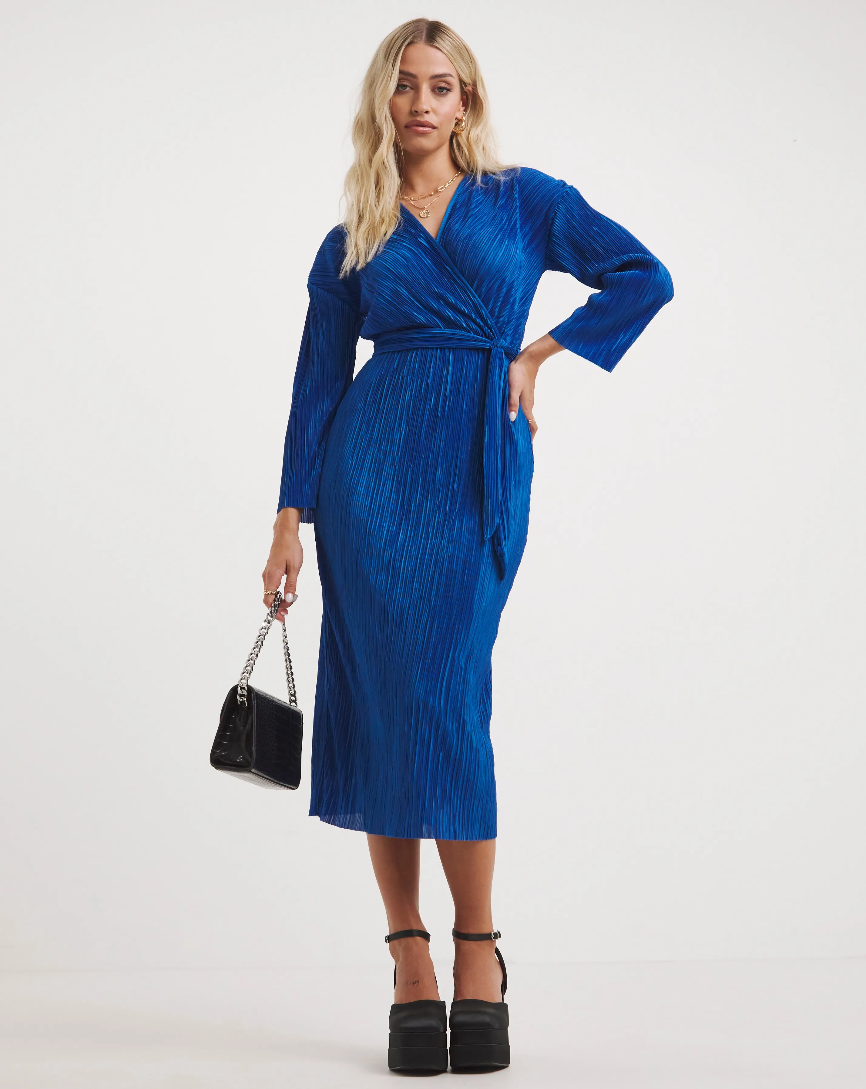 Blue Plisse Wrap Front Midi Dress | Simply Be