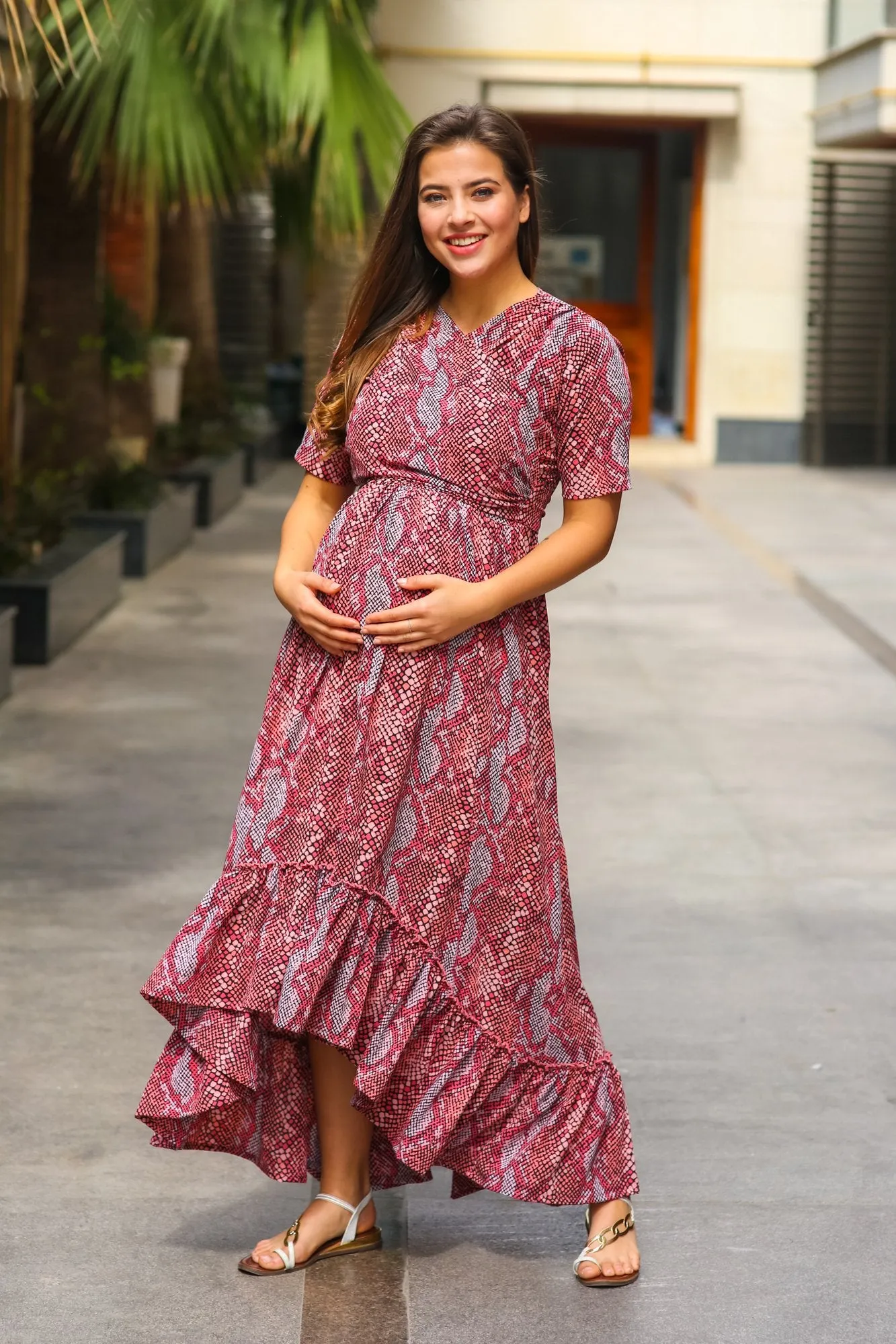 Bubblegum Pink Hi-Low Frill Maternity & Nursing Wrap Dress