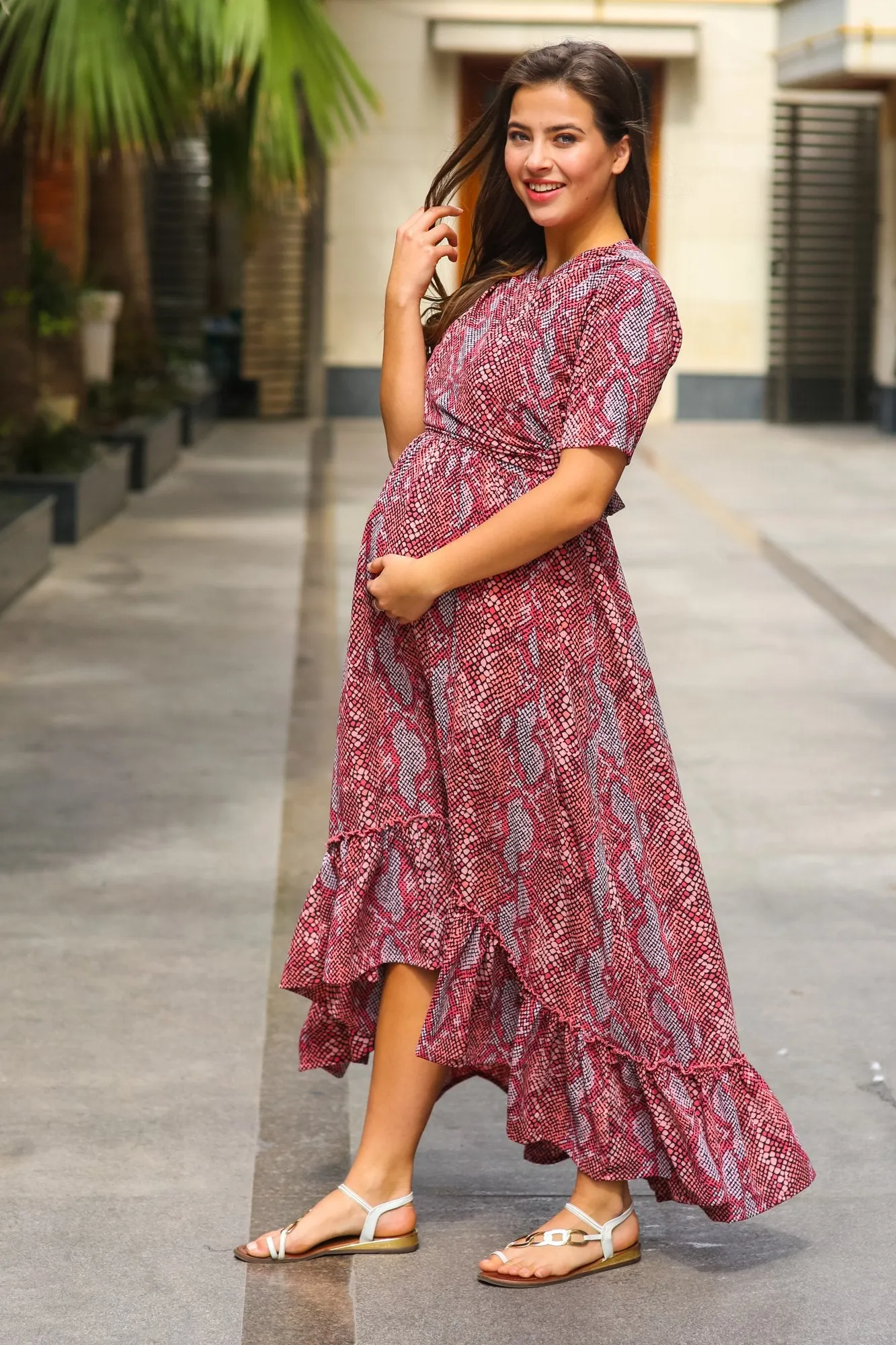 Bubblegum Pink Hi-Low Frill Maternity & Nursing Wrap Dress