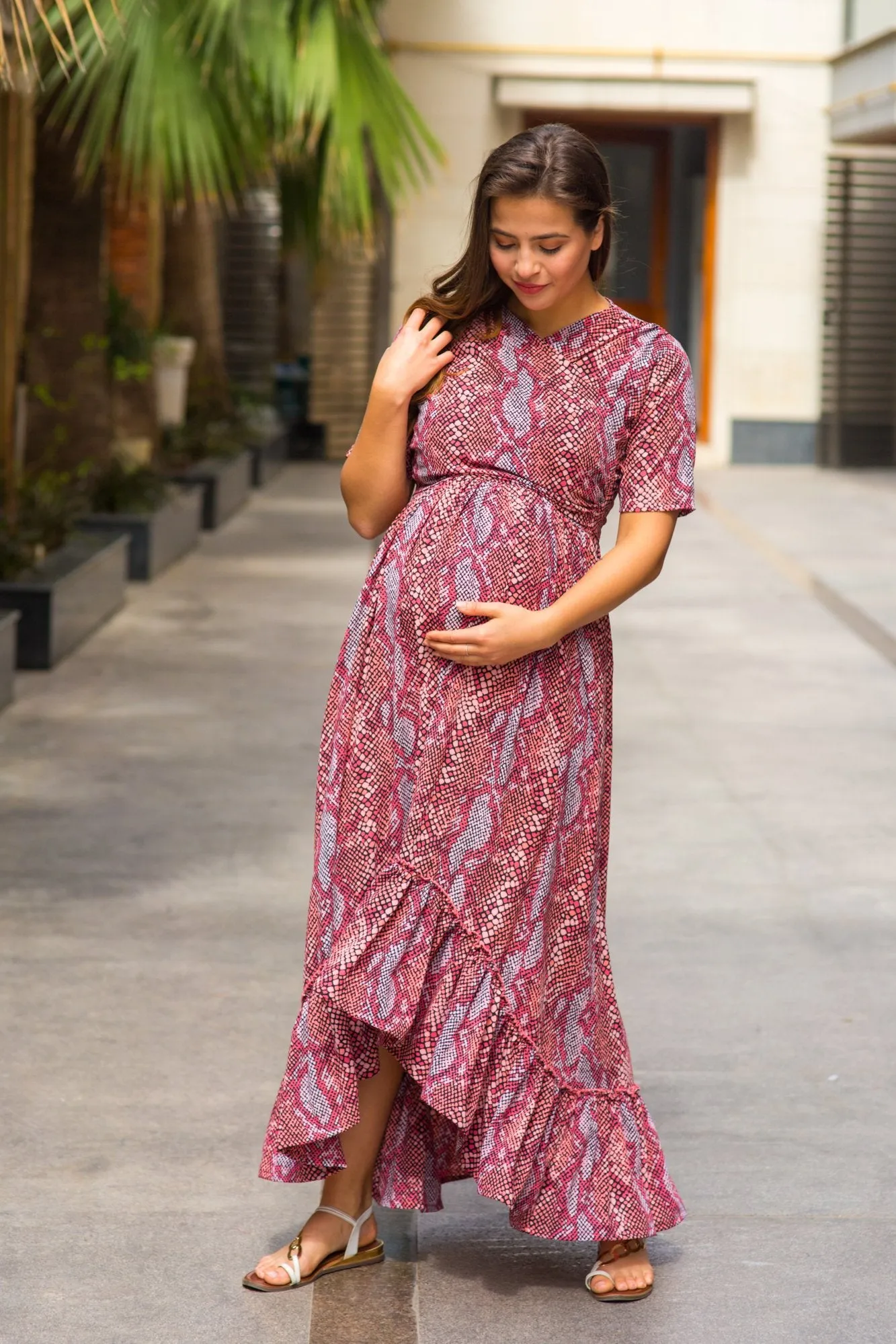 Bubblegum Pink Hi-Low Frill Maternity & Nursing Wrap Dress