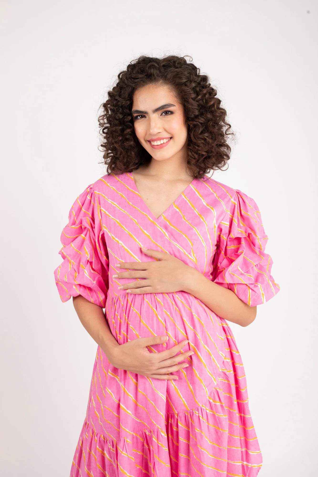 Bubblegum Pink Maternity & Nursing Frill Wrap Dress (100% Cotton)