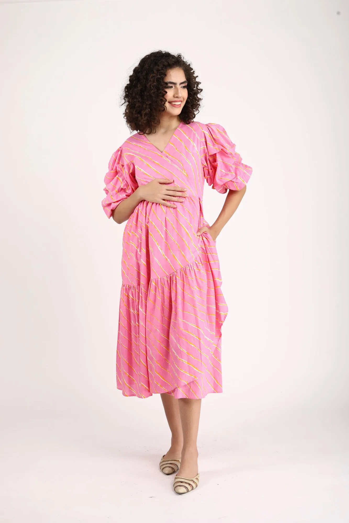 Bubblegum Pink Maternity & Nursing Frill Wrap Dress (100% Cotton)