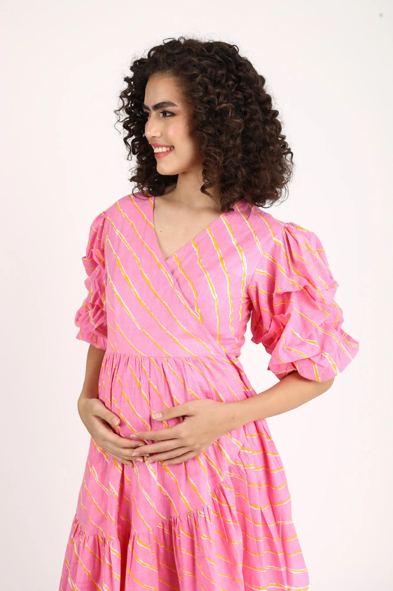 Bubblegum Pink Maternity & Nursing Frill Wrap Dress (100% Cotton)