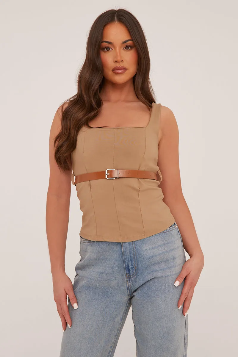 Camel Belt Detail Square Neck Sleeveless Top - Lucee