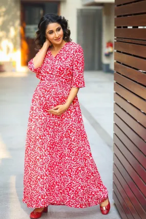 Candy Red Floral Maternity & Nursing Wrap Dress