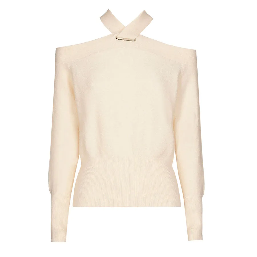 Caroline Biss BEIGE OFF-THE-SHOULDERS LOOSE PULLOVER