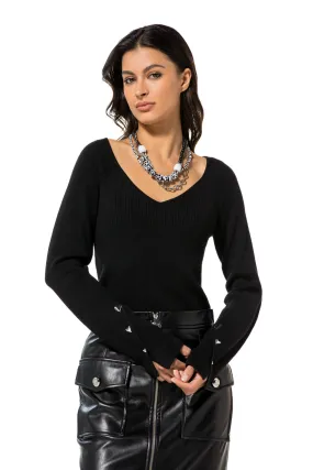 Caroline Biss BLACK FITTED V-NECK RIB-KNIT PULLOVER