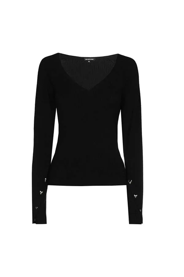 Caroline Biss BLACK FITTED V-NECK RIB-KNIT PULLOVER