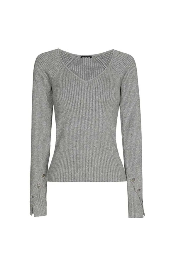 Caroline Biss GREY FITTED V-NECK RIB-KNIT PULLOVER