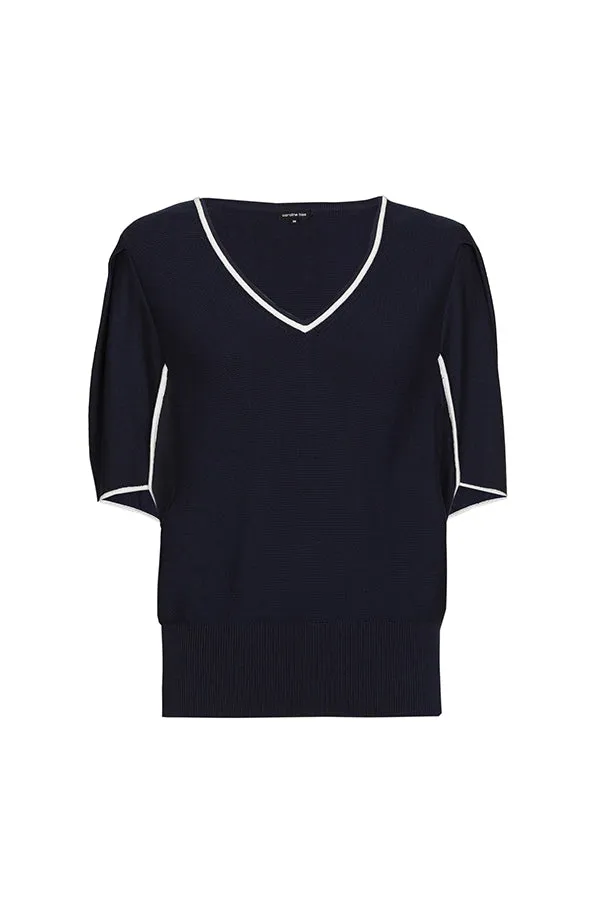 Caroline Biss NAVY SLEEVE EFFECT FINE-KNIT PULLOVER