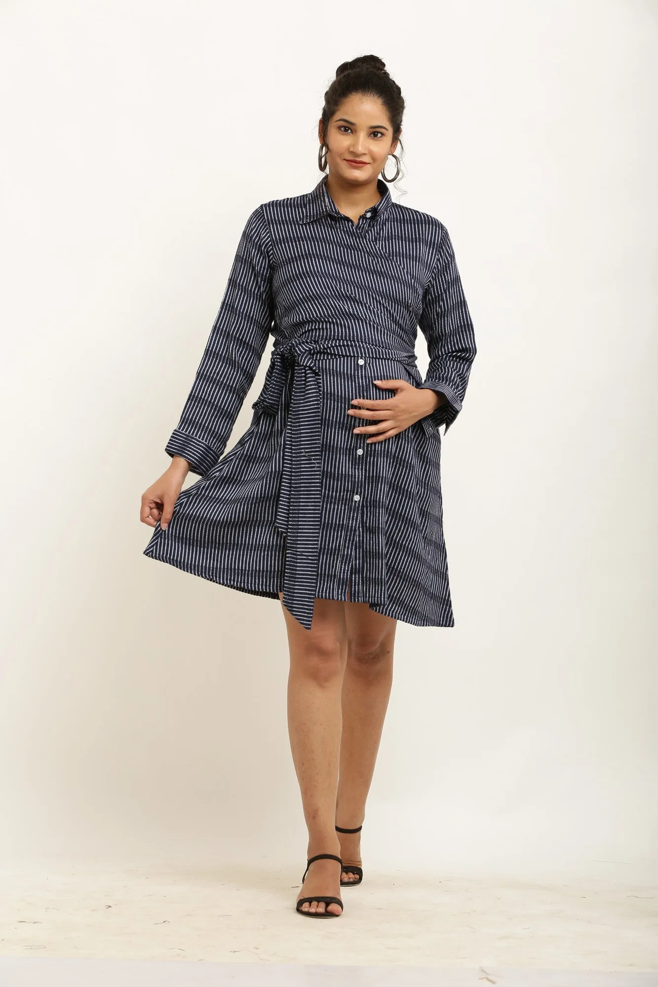 Charming Black & White Striped Maternity & Nursing Wrap Shirt Dress