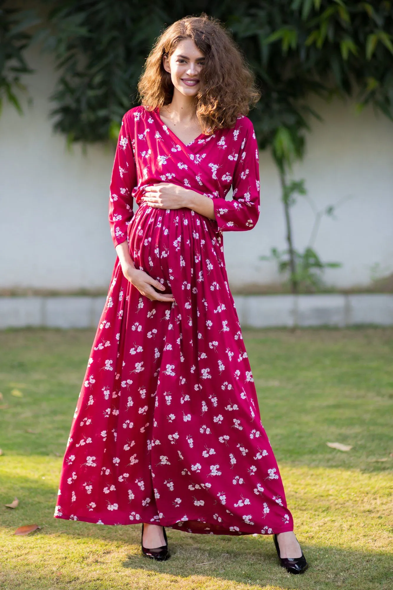 Cherry Red Floral Maternity & Nursing Wrap Dress