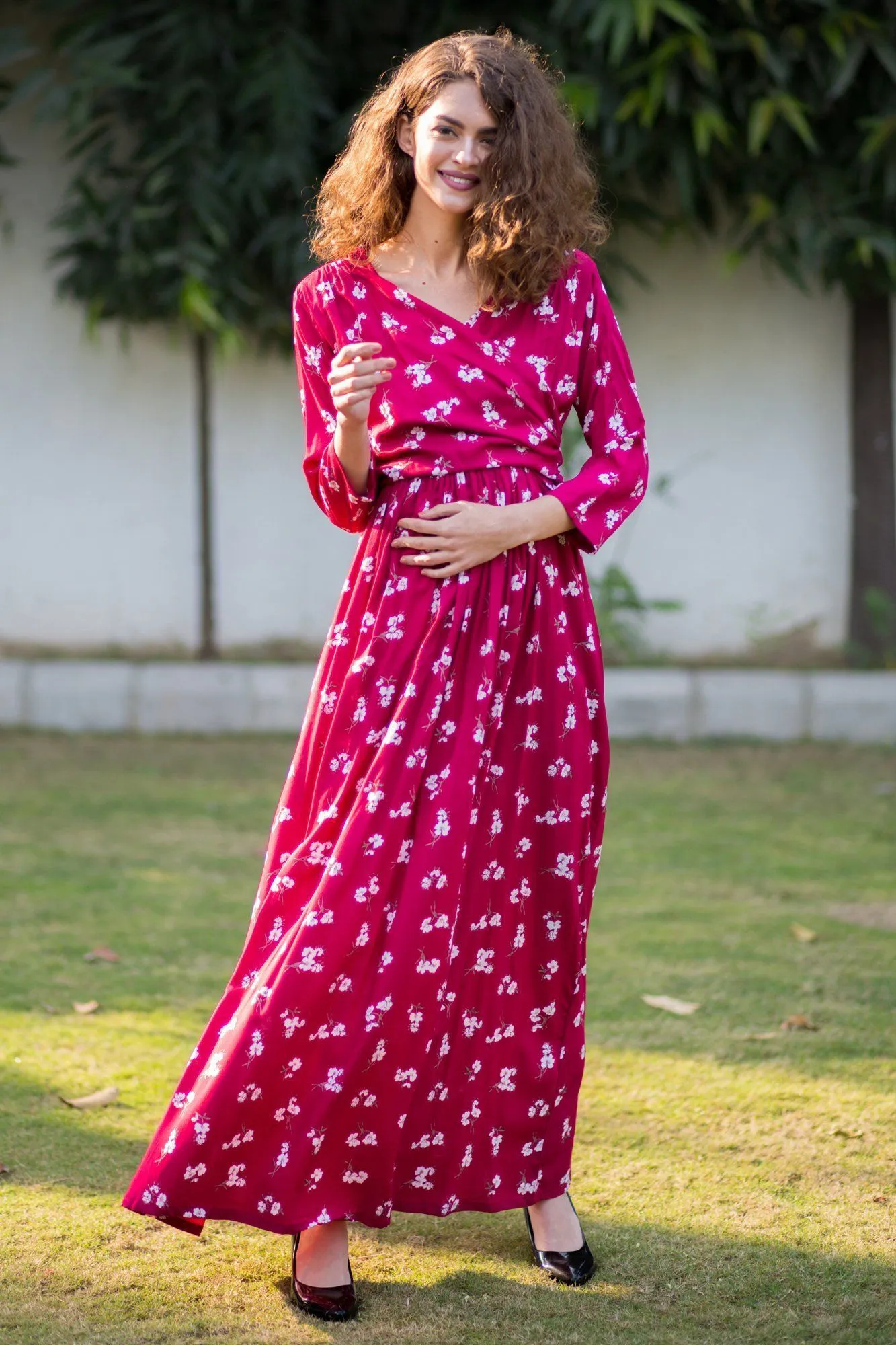 Cherry Red Floral Maternity & Nursing Wrap Dress