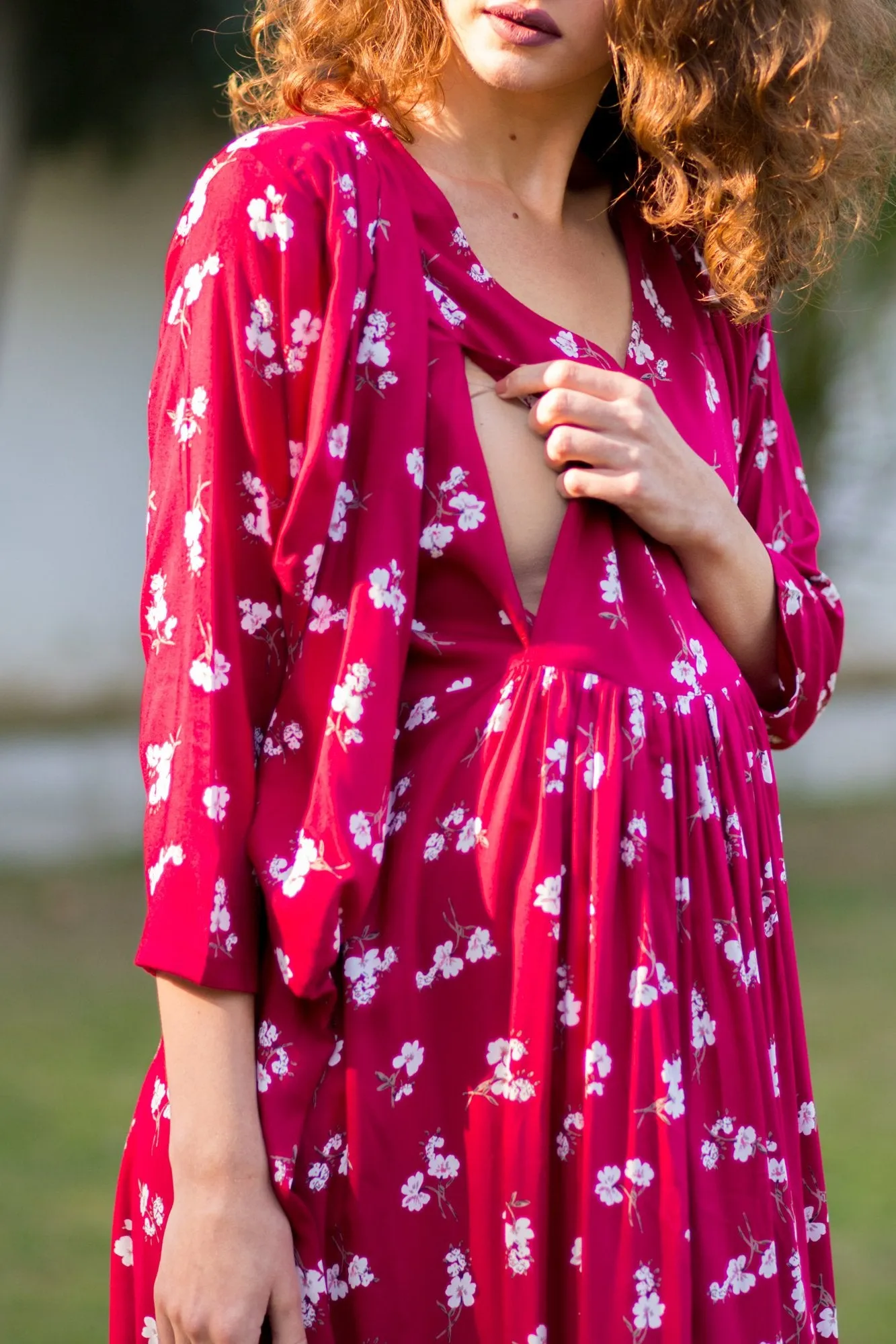 Cherry Red Floral Maternity & Nursing Wrap Dress