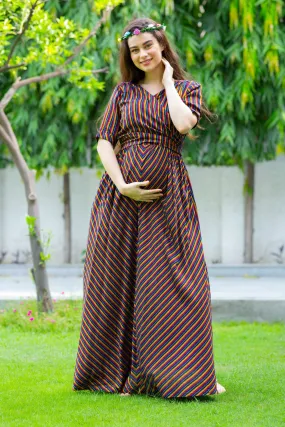 Chocolate Striped Maternity & Nursing Wrap Dress