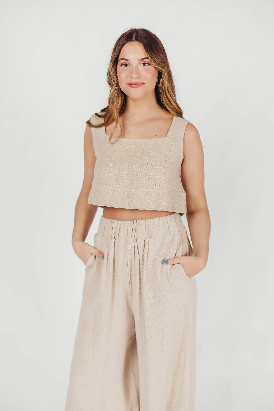 Christy Linen-Blend Sleeveless Cropped Top in Sand