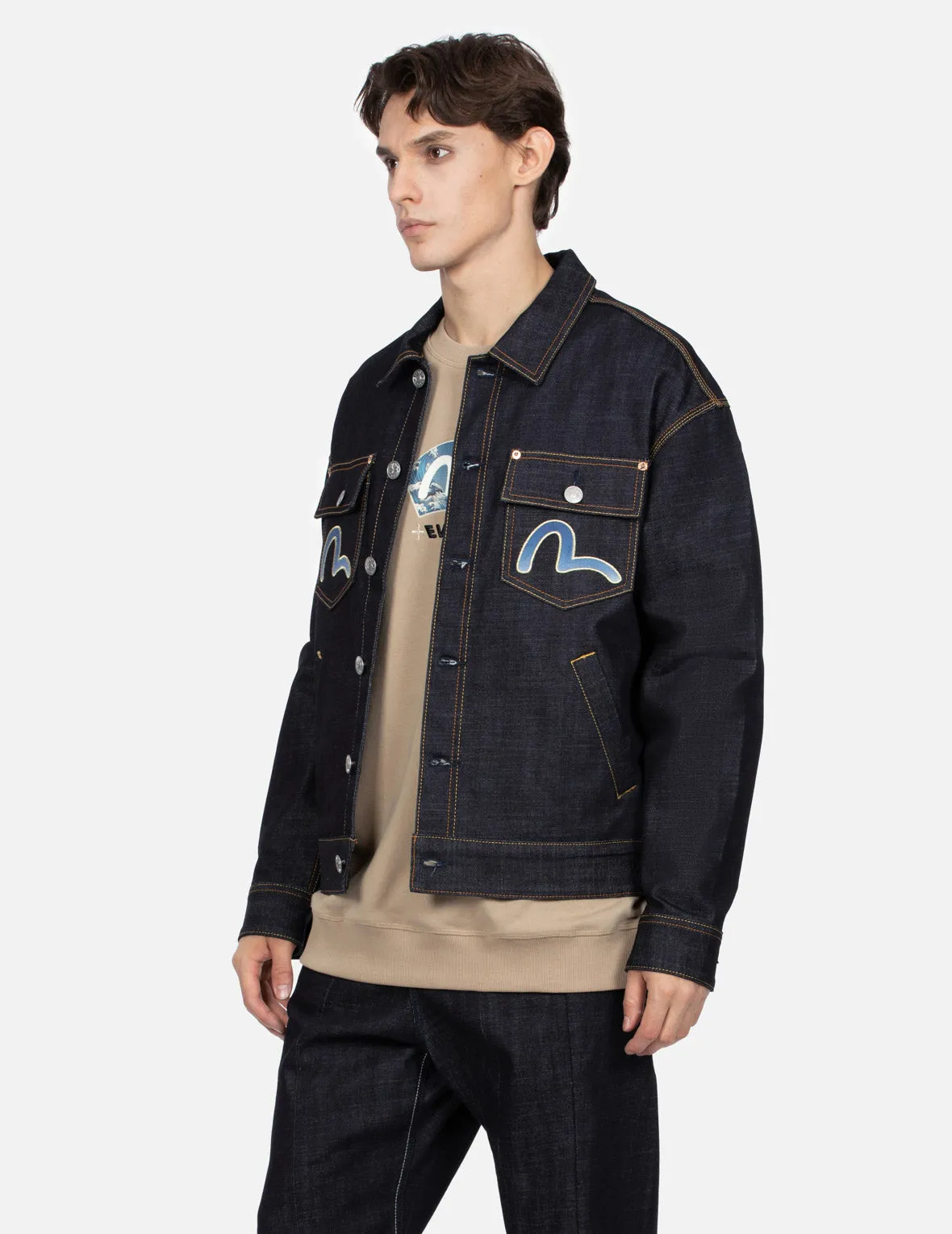 Cloud and Kamon-pattern Daicock Print Loose Fit Denim Jacket