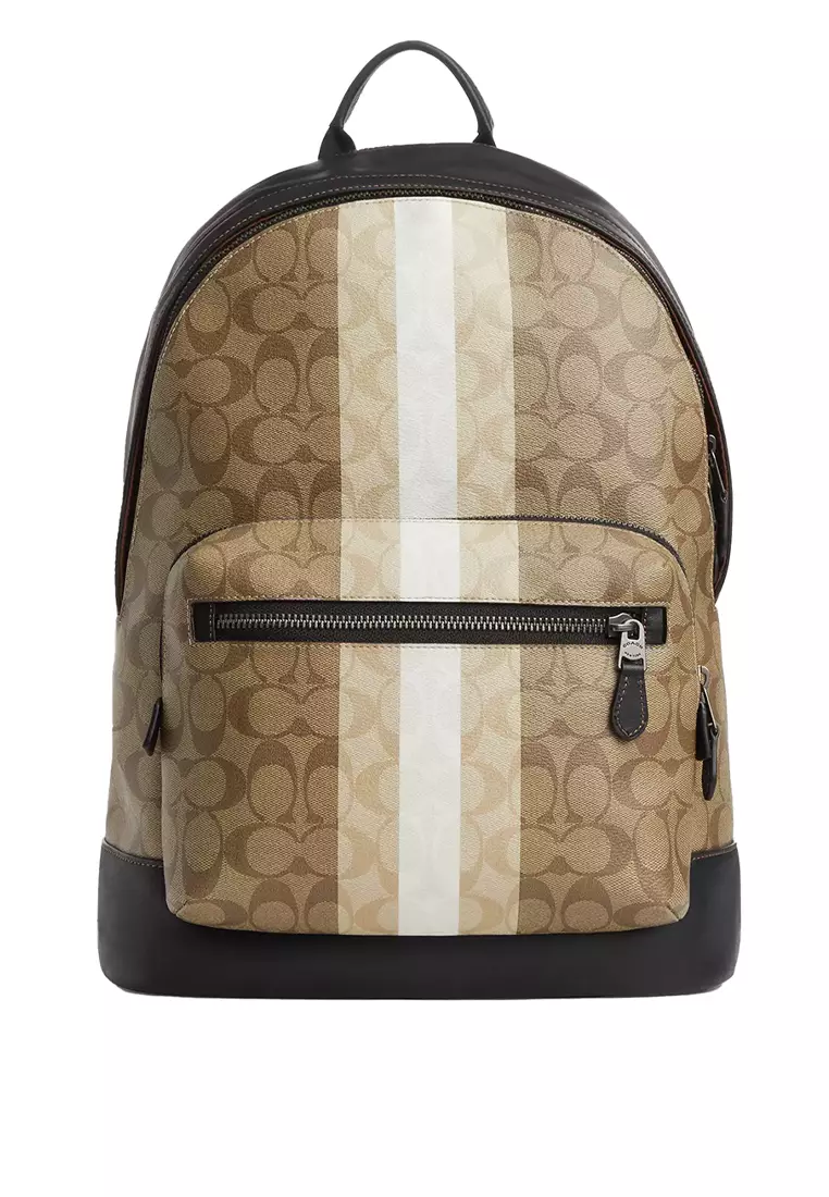 Coach COACH West Backpack In Blocked Signature Canvas With Varsity Stripe Khaki Multi CQ629