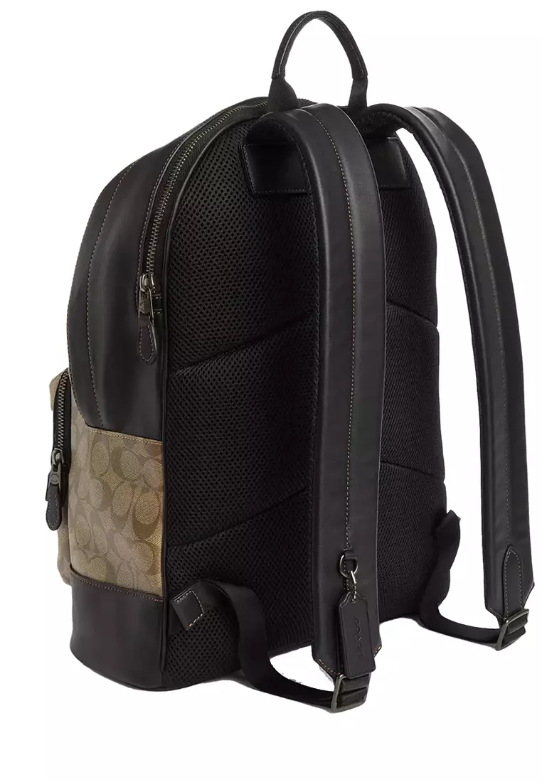 Coach COACH West Backpack In Blocked Signature Canvas With Varsity Stripe Khaki Multi CQ629