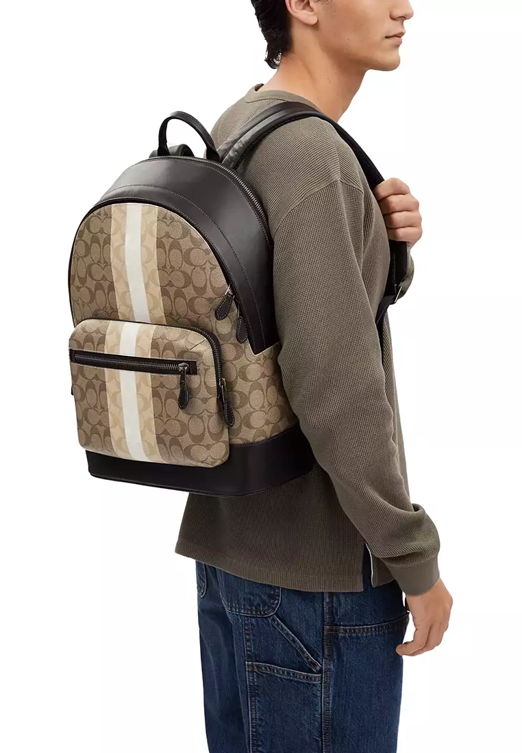 Coach COACH West Backpack In Blocked Signature Canvas With Varsity Stripe Khaki Multi CQ629