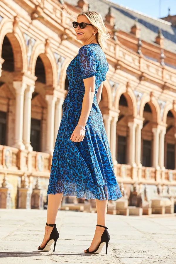 Cobalt Blue Animal Print Mesh Wrap Jersey Dress