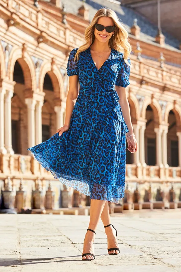 Cobalt Blue Animal Print Mesh Wrap Jersey Dress