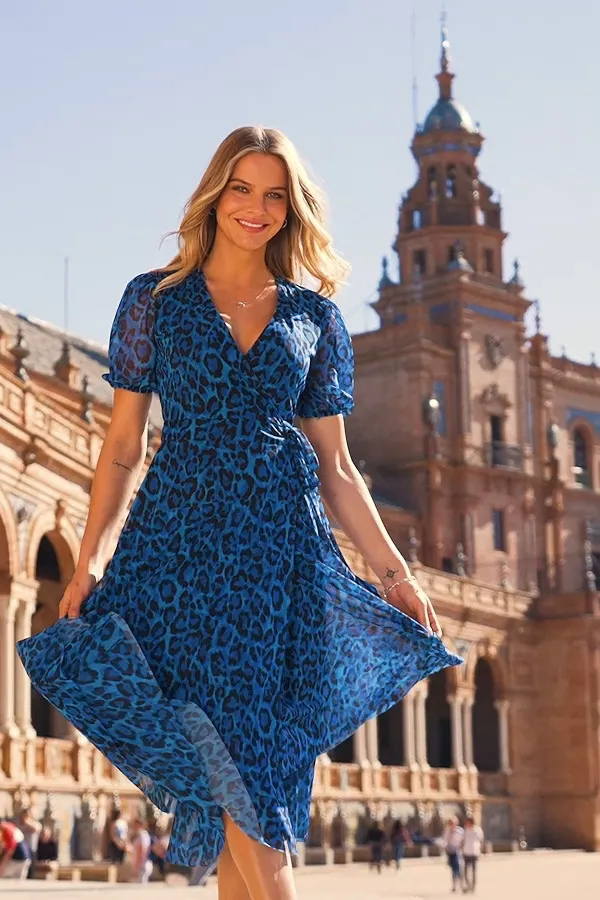 Cobalt Blue Animal Print Mesh Wrap Jersey Dress