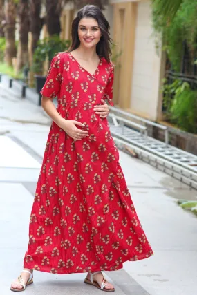 Cotton Raspberry Red Maternity & Nursing Wrap Dress