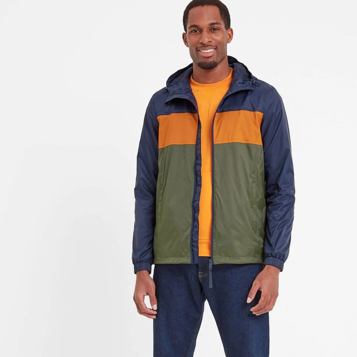 Craven Mens Waterproof Packaway Jacket - Khaki/Navy/Dark Orange Colour Block