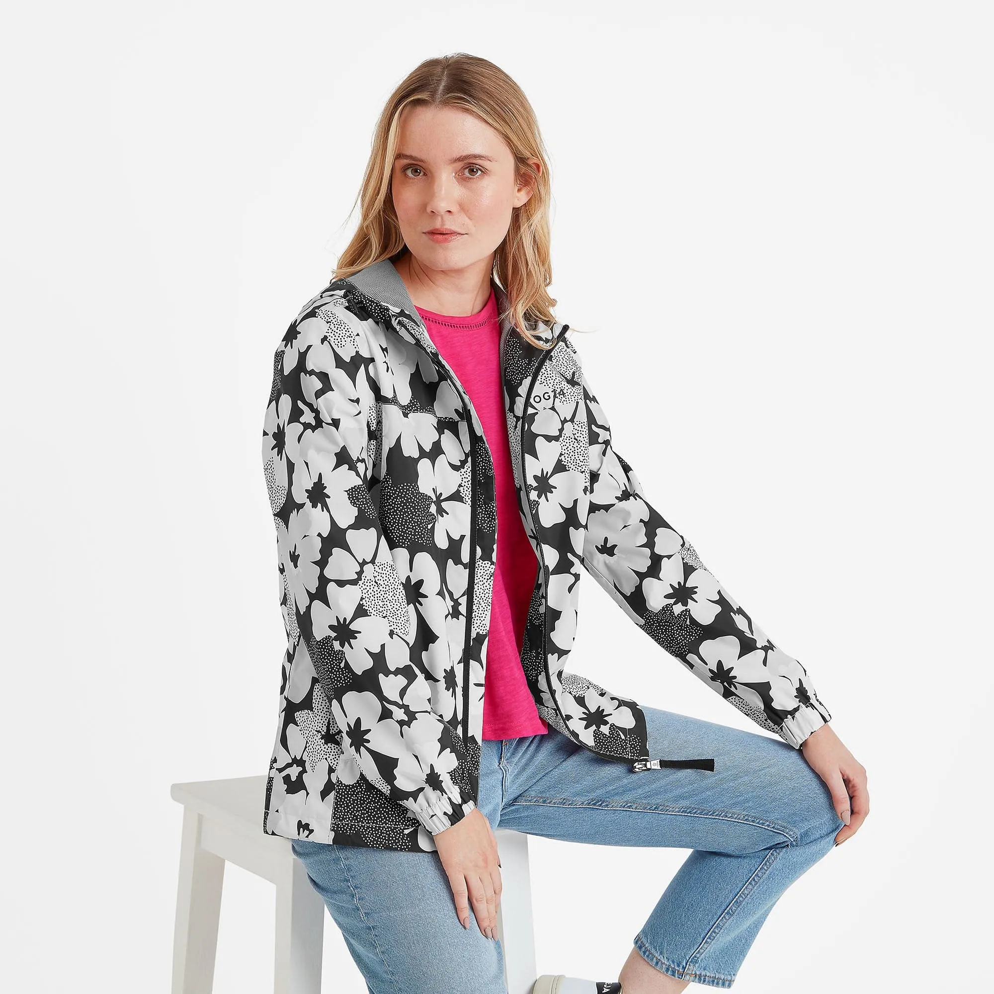 Craven Womens Waterproof Packaway Jacket - Black & White Floral Print