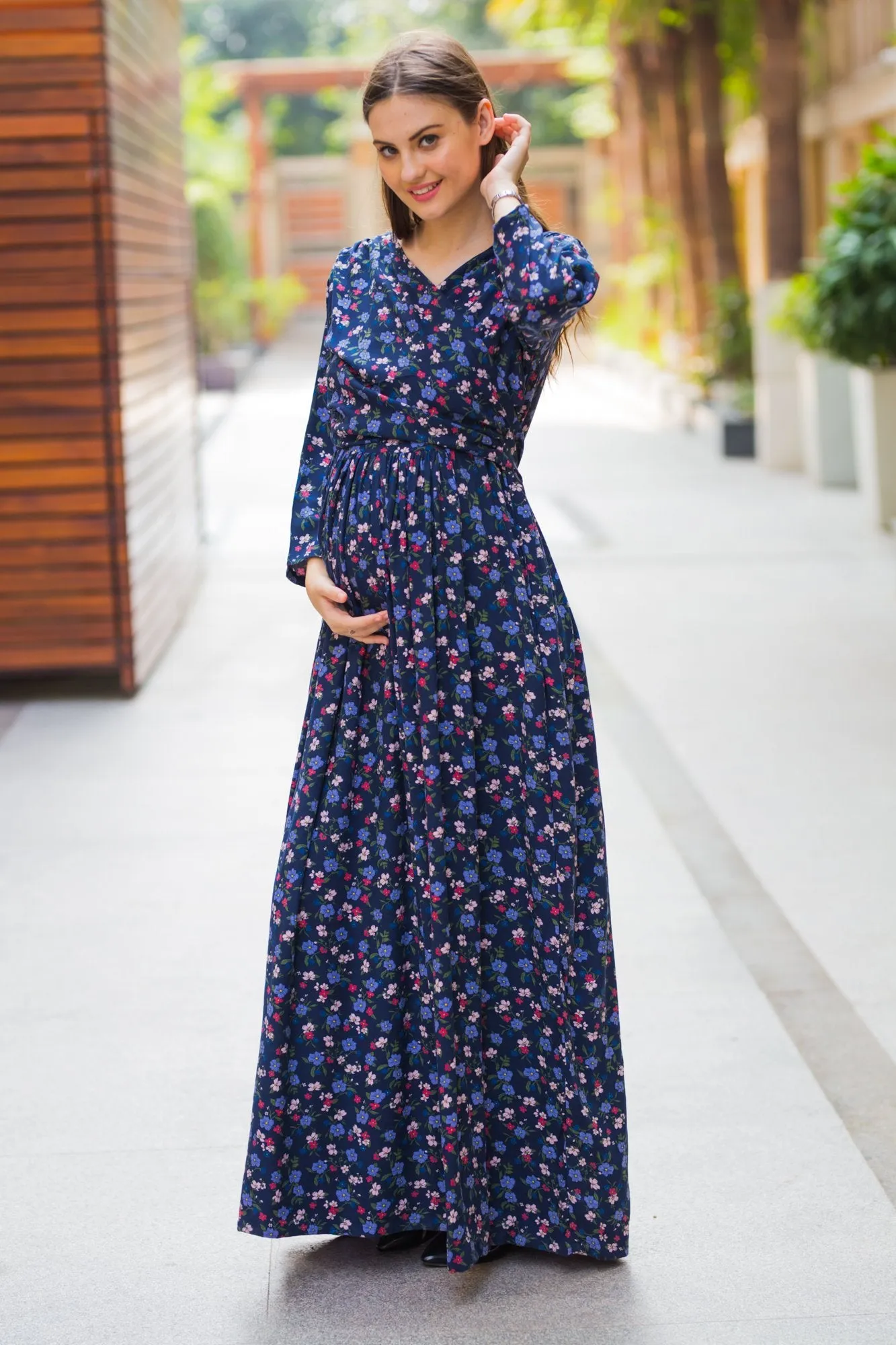 Dainty Floral Blue Maternity & Nursing Wrap Dress