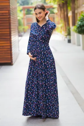 Dainty Floral Blue Maternity & Nursing Wrap Dress