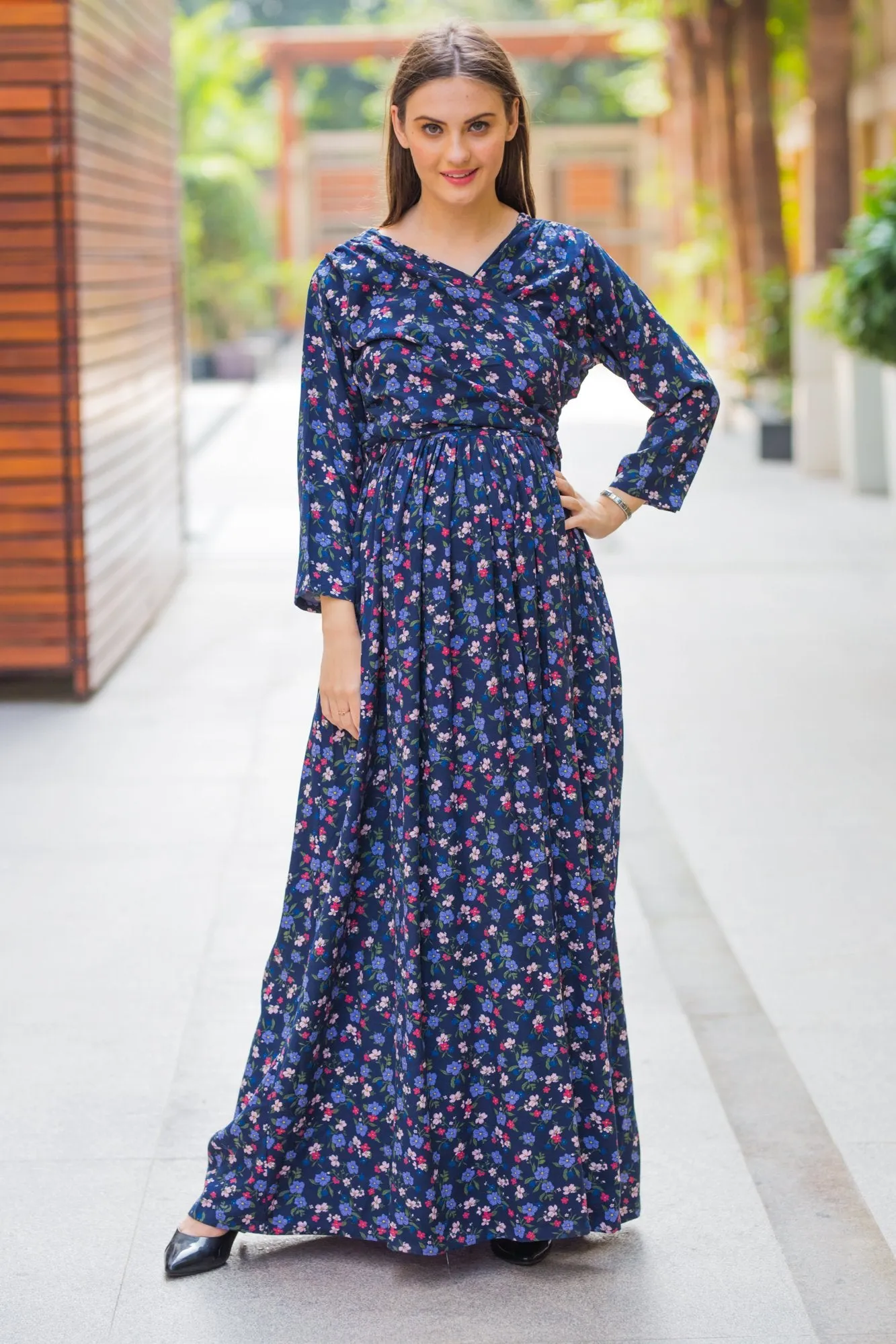 Dainty Floral Blue Maternity & Nursing Wrap Dress