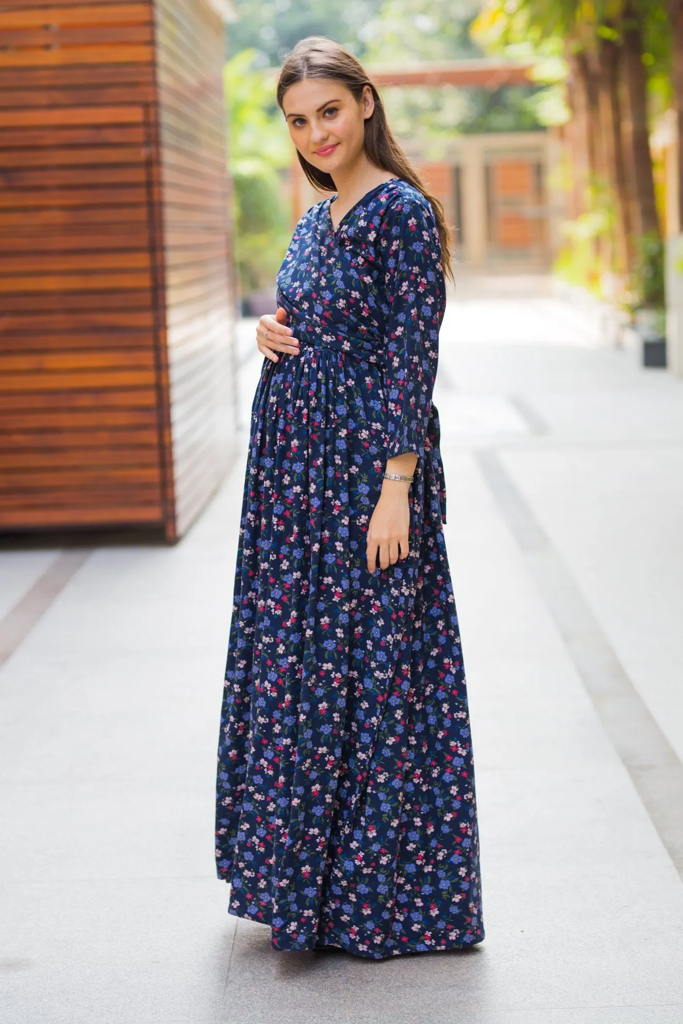 Dainty Floral Blue Maternity & Nursing Wrap Dress