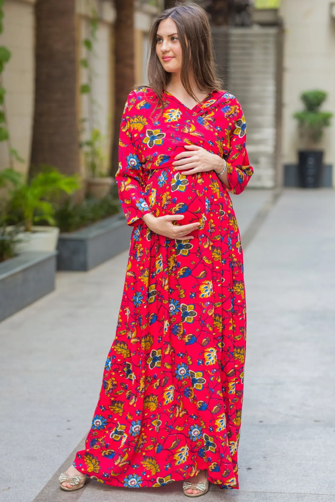 Daisy Red Maternity & Nursing Wrap Dress