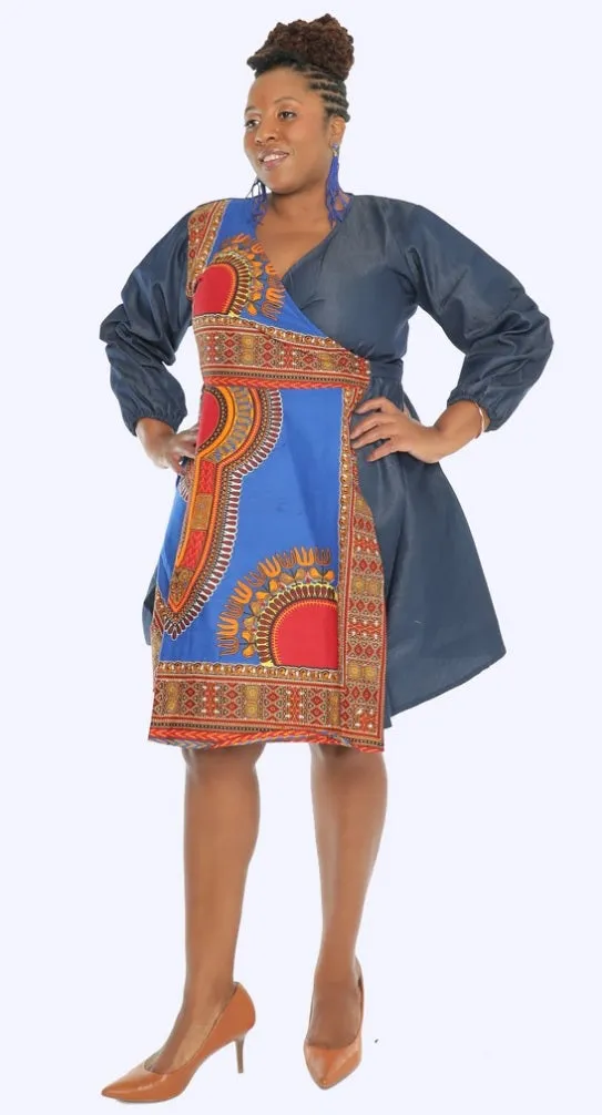 Dashiki Print Wrap Denim Dress