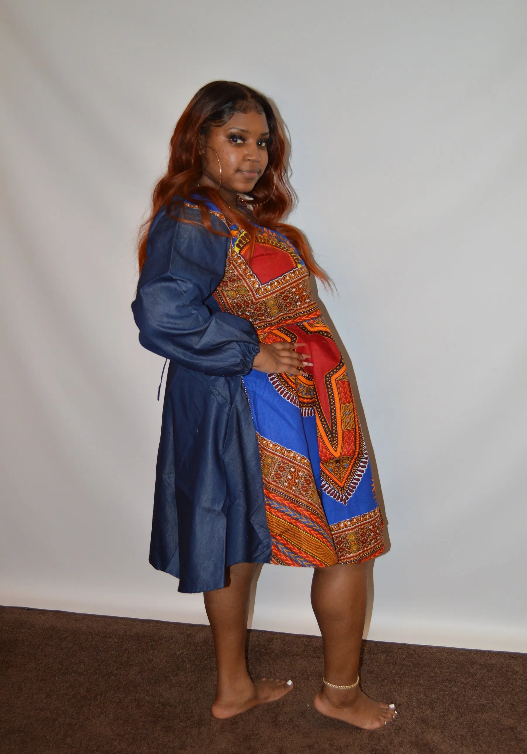 Dashiki Print Wrap Denim Dress