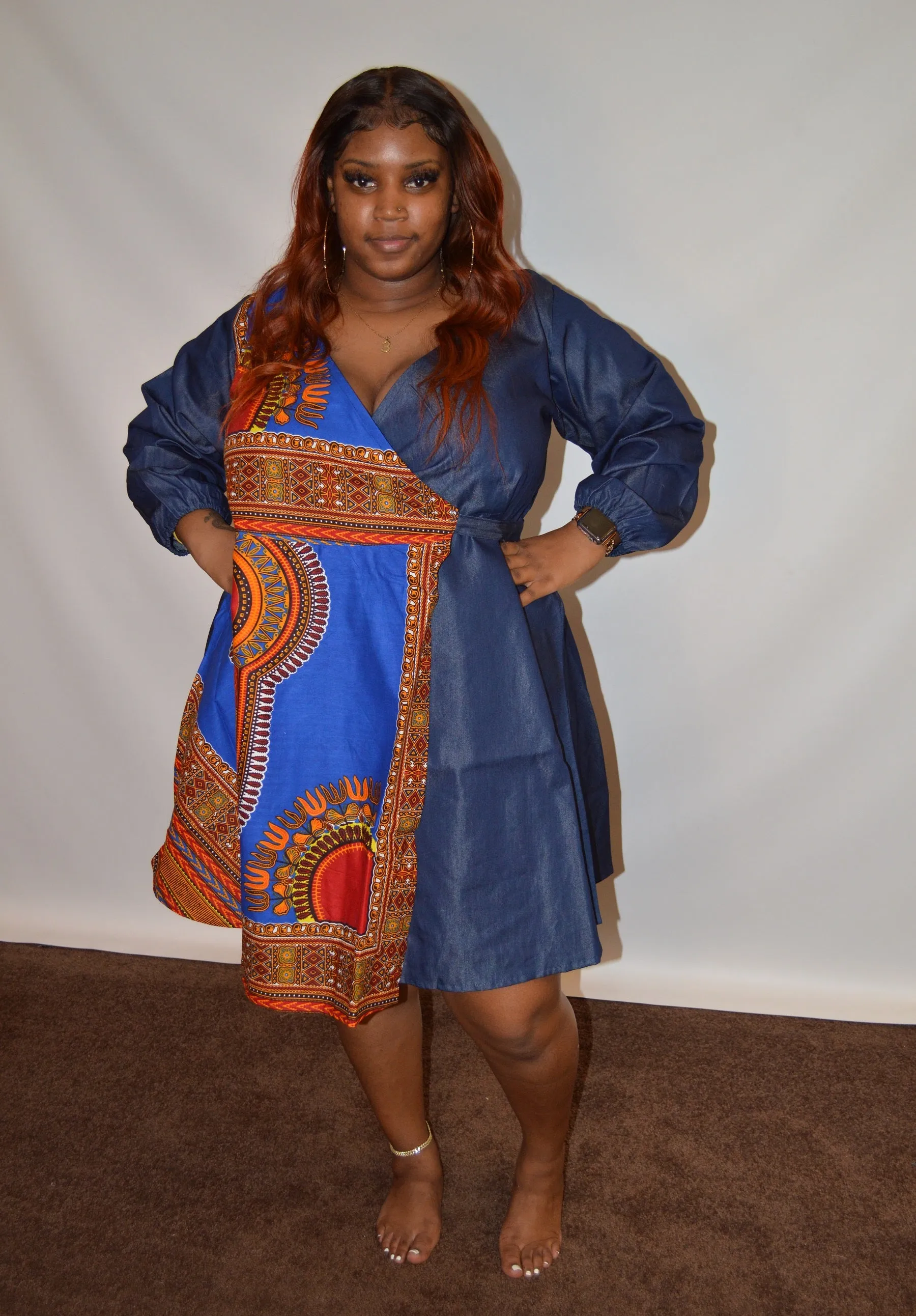 Dashiki Print Wrap Denim Dress