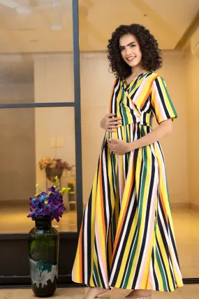 Dual Striped Yellow Maternity & Nursing Wrap Dress