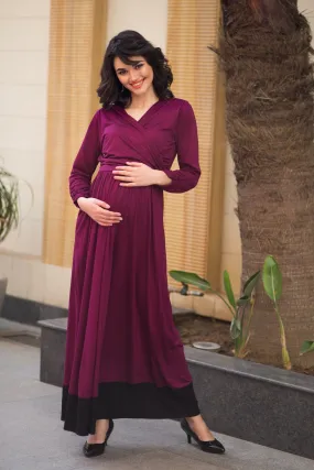 Elegant Mulberry Wine Front Wrap Maternity & Nursing Dress