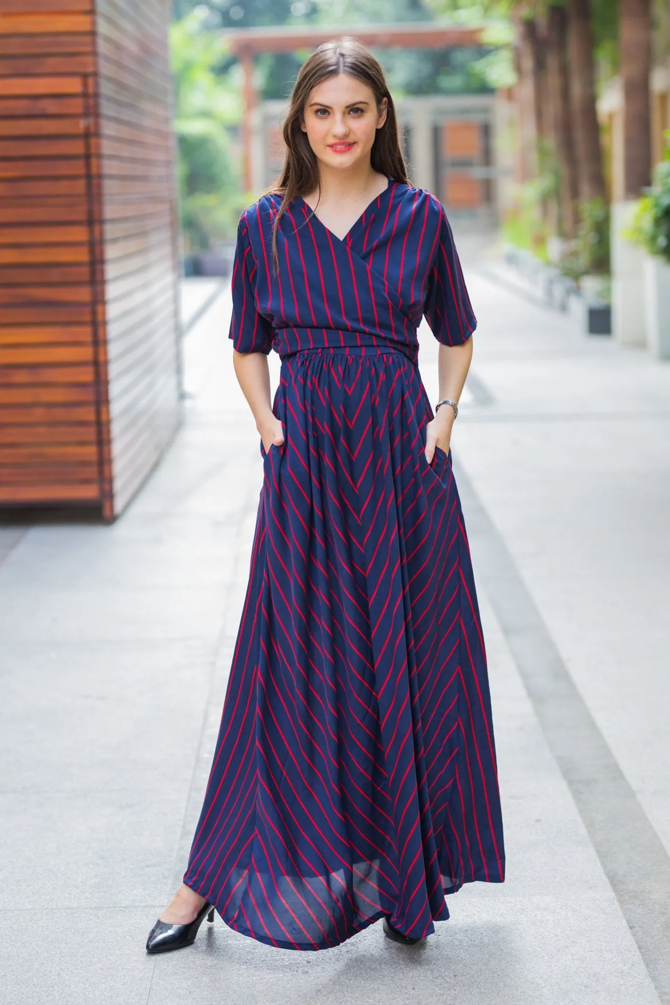 Era Navy Striped Maternity & Nursing Wrap Dress